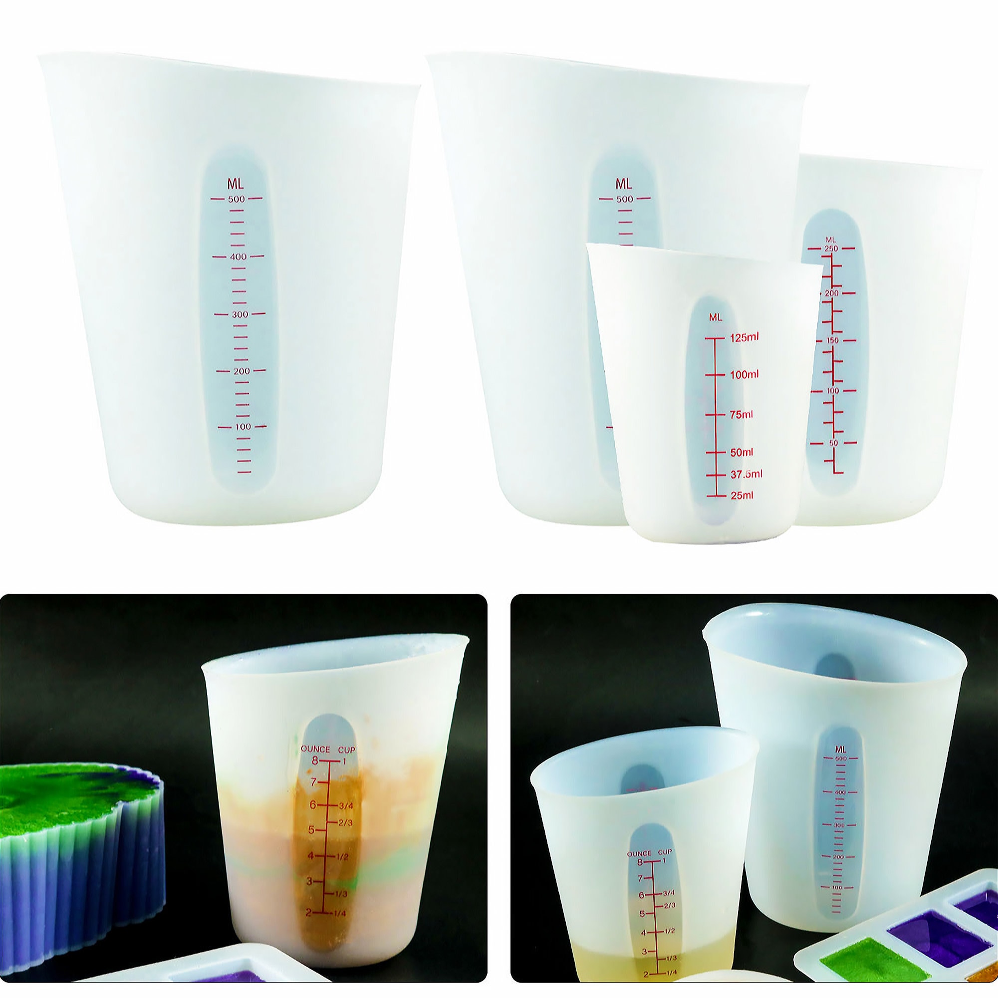 Oz Ml Cups 1 L 100ml, 250ml, 500ml Measuring Cup Reusable Silicone Oz Cups  for Epoxy Resin Antislip, No-cleaning Cups Resin Supply Tools 