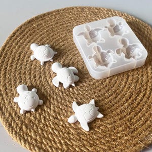 May include: White silicone mold with five turtle-shaped cavities, alongside five finished white turtle figurines. The mold is rectangular, and the turtles have detailed shell patterns. The items are arranged on a woven, circular mat.