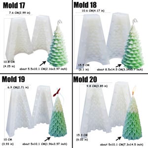 May include: Four silicone molds for making Christmas tree candles. The molds are white and have a textured surface. The molds are labeled "Mold 17", "Mold 18", "Mold 19", and "Mold 20". Each mold is shown with a finished candle made in the mold. The candles are green and white and have a layered, tiered design.