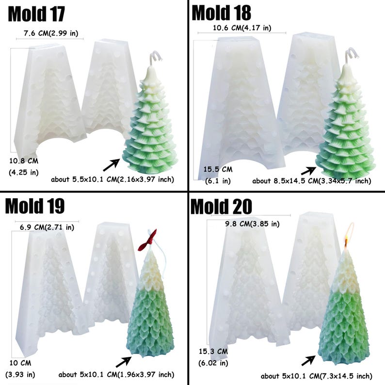 May include: Four silicone molds for making Christmas tree candles. The molds are white and have a textured surface. The molds are labeled "Mold 17", "Mold 18", "Mold 19", and "Mold 20". Each mold is shown with a finished candle made in the mold. The candles are green and white and have a layered, tiered design.