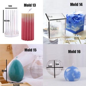 May include: Four clear plastic candle molds with measurements in centimeters. The molds are for making pillar, square, egg, and sphere shaped candles. The molds are shown with finished candles in pink, blue, green, and blue.