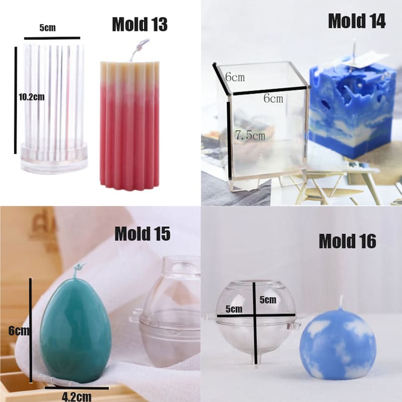 May include: Four clear plastic candle molds with measurements in centimeters. The molds are for making pillar, square, egg, and sphere shaped candles. The molds are shown with finished candles in pink, blue, green, and blue.