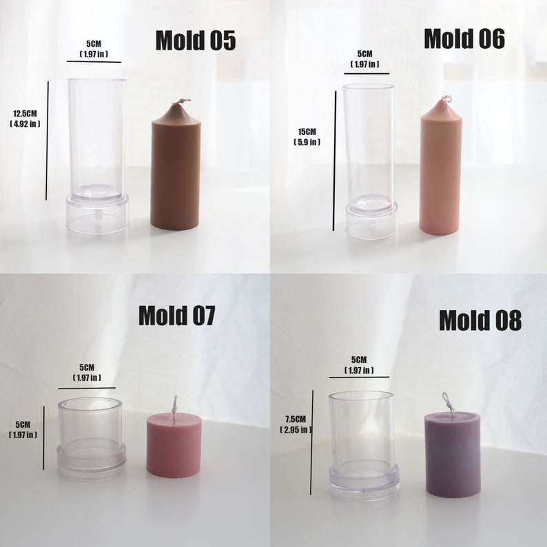 May include: Four clear plastic candle molds with different heights. The molds are labeled Mold 05, Mold 06, Mold 07, and Mold 08. Each mold has a finished candle next to it. The candles are brown, pink, and purple.