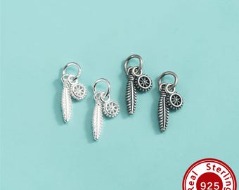 13MM Feather Wheel Pendants,Solid 925 Sterling Silver Two in One Charms,Antiqued Silver Charms,DIY Bracelet Necklace Jewelry Making 4500769
