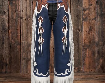 Navy Blue Leather Western Chaps White Fringe Tooled Rodeo Wear
