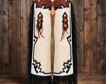 White Leather Cowgirl Chaps Brown Tooled Yoke Western Rodeo Outfit
