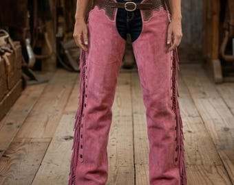 Women's Shotgun Chaps Handmade Leather | Fringe Western Cowgirl Riding Chaps