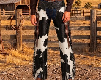 Black White Cow Print Fringe Chaps, Western Hair On Hide Trousers