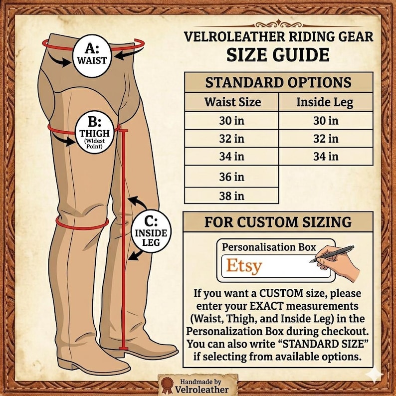 May include: A Velroleather Riding Gear size guide chart featuring a diagram of legs with labels for waist, thigh, and inside leg measurements. It includes a table of standard options in inches and instructions for custom sizing via the Etsy box.