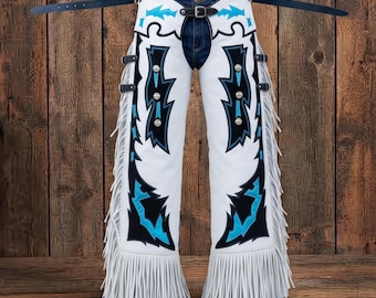 White Leather Chaps Women Turquoise Blue Fringe Black Western Riding