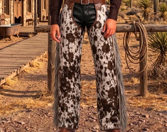 Natural Brown White Cowhide Trousers, Hair on Hide Western Genuine Leather