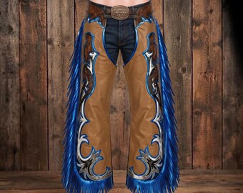 Tan Leather Western Chaps Blue Fringe Hand Tooled Rodeo Wear