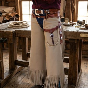 May include: Tan leather chaps with fringe along the bottom hem. The chaps have a brown leather belt with a silver buckle and a decorative pocket. The chaps are worn over blue jeans.