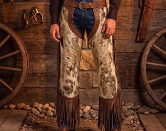 Cow Print Fringe Chaps For Men & Women Brown Cream Western Chaps