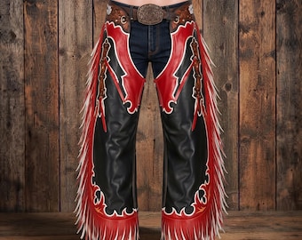 Red Black Leather Chaps Western Rodeo Ornamental Tooled Riding Wear