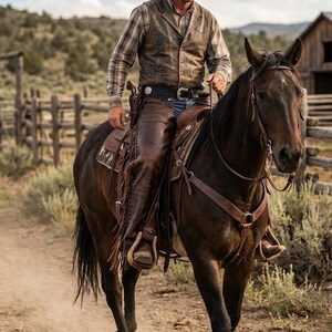 May include: A person on horseback, wearing a brown leather vest, plaid shirt, and leather chaps. The horse has a brown leather saddle and bridle. A gun is in a holster. The setting is outdoors, with a wooden fence and a building in the background, evoking a Western theme.