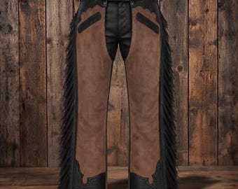 Black Leather Western Chaps Brown Suede Panels Long Side Fringe