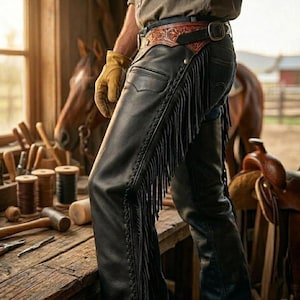 May include: Black leather chaps with fringe detailing. The chaps are worn with a brown leather belt with a decorative design and a silver buckle. The person is wearing a tan shirt and yellow gloves. A horse and a wooden table are in the background.