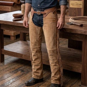 May include: Tan suede leather chaps with fringe detailing along the sides. The chaps are worn with a brown leather belt and a denim shirt. The image also shows a wooden table and a sign that says "VELRO LEATHER".