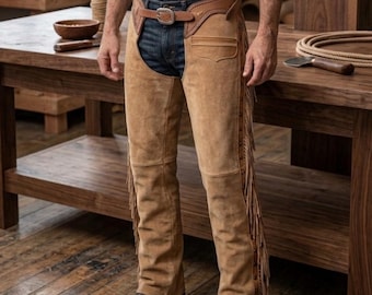 Honey Gold Suede Leather Chaps, Western Cowboy Rodeo Chaps with Woven Side Detail