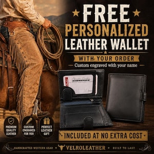 May include: A black leather wallet with a snap closure, shown both open and closed. The open wallet features card slots and a clear ID window. The text on the image reads FREE PERSONALIZED LEATHER WALLET WITH YOUR ORDER and VELROLEATHER.