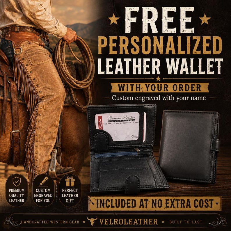 May include: A black leather wallet with a snap closure, shown both open and closed. The open wallet features card slots and a clear ID window. The text on the image reads FREE PERSONALIZED LEATHER WALLET WITH YOUR ORDER and VELROLEATHER.