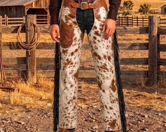 Brown White Speckled Cow Print Fringe Chaps, Silver Buckle Western Leather