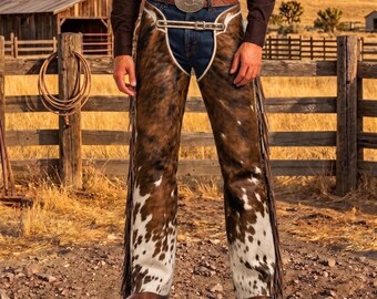 Brown White Cowhide Leather Pants, Hair On Hide Western Trousers