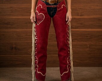 Red Fringed Western Shotgun Chaps, Authentic Cowgirl Style