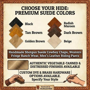 May include: A color chart titled CHOOSE YOUR HIDE: PREMIUM SUEDE COLORS displaying swatches in black, tan brown, golden brown, reddish maroon, dark brown, and beige. Text includes Handmade Shotgun Suede Cowboy Chaps, Western Fringe Ranch Wear, Men's Leather Riding Pants, AUTHENTIC VEGETABLE-TANNED & DISTRESSED FINISHES AVAILABLE, and CUSTOM DYE & BRASS HARDWARE OPTIONS AVAILABLE. Specify Your Style.