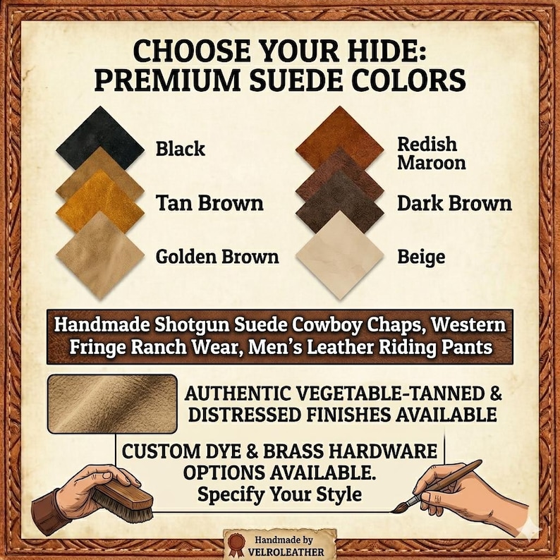 May include: A color chart titled CHOOSE YOUR HIDE: PREMIUM SUEDE COLORS displaying swatches in black, tan brown, golden brown, reddish maroon, dark brown, and beige. Text includes Handmade Shotgun Suede Cowboy Chaps, Western Fringe Ranch Wear, Men's Leather Riding Pants, AUTHENTIC VEGETABLE-TANNED & DISTRESSED FINISHES AVAILABLE, and CUSTOM DYE & BRASS HARDWARE OPTIONS AVAILABLE. Specify Your Style.