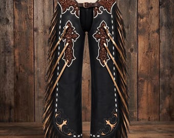 Black Leather Western Chaps Gold Fringe Tooled Brown Rodeo Style