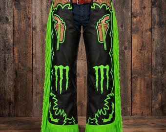 Black Leather Chaps Men Neon Green Fringe Western Rodeo Wear