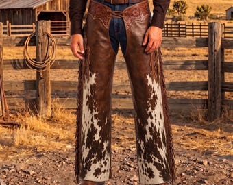 Brown Cowhide Leather Flare Western Rodeo Trousers, Genuine Hair on Hide