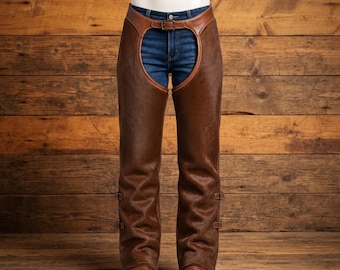 Brown Leather Western Chaps For Men, Adjustable Side Buckle Pants