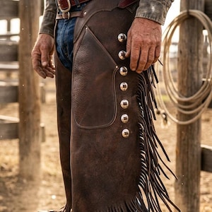 May include: Brown leather chaps with fringe and silver button detailing. The chaps are worn over blue jeans and a brown belt. A classic Western wear item.