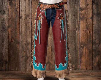 Burgundy Leather Cowgirl Chaps Turquoise Trim Western Rodeo Riding Wear