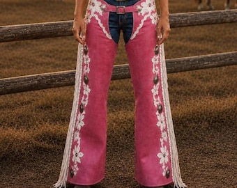 Pink Leather Rodeo Chaps, Floral Tooling, Western Fringe Cowgirl Gear