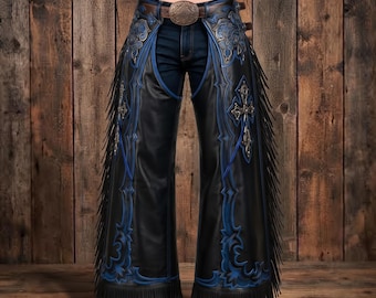 Black Leather Western Chaps Blue Scrollwork Cross Tooled Rodeo Wear