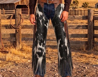 Cowhide Leather Chaps Brown Hair-On Fringe, Genuine Rodeo Overpants