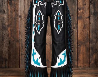 Black Leather Cowgirl Chaps Turquoise Blue Fringe Western Riding Wear