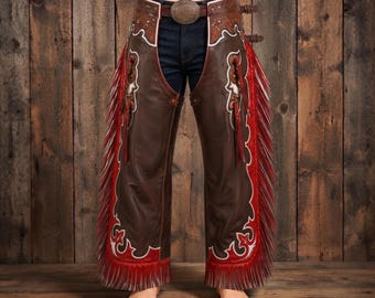 Brown Leather Cowgirl Chaps Red Fringe Tooled Western Riding Pants