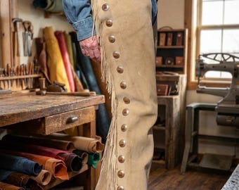 Heritage Cowboy Chaps - Custom Suede Leather Chaps with Silver Conchos, Western Riding Gear