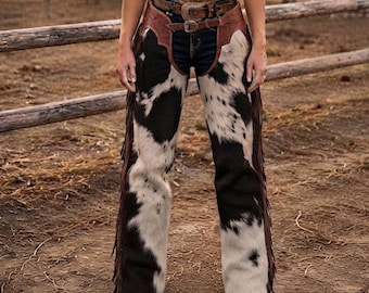 Cowboy Chaps Women, Cowprint Rodeo Gear with Fringe, Cowgirl Chinks, Handmade Apparel