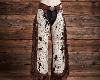 Cowhide Genuine Leather Fringe Chaps, Western Rodeo Riding Pants