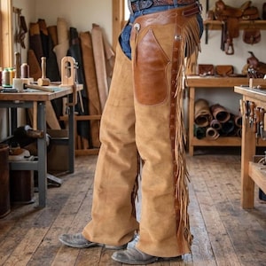 May include: Tan leather chaps with brown leather accents and fringe detailing. The chaps feature a large brown leather patch on the thigh and are secured with a belt. The image shows a person wearing the chaps.