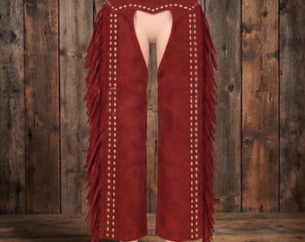 Red Suede Chaps Women Studded Western Fringe Rodeo Riding Pants