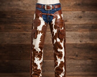Brown White Cowhide Leather Pants, Western Straight Leg Trousers