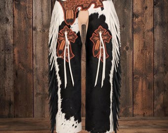 Black White Cowhide Cowgirl Chaps Hand Tooled Western Fringe Pants