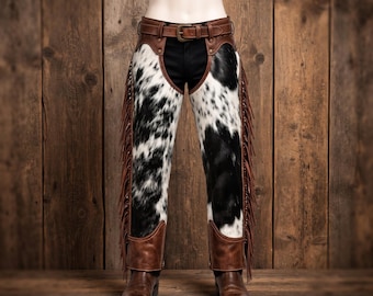 Black White Cowhide Leather Pants Western Straight Leg Trousers Chaps